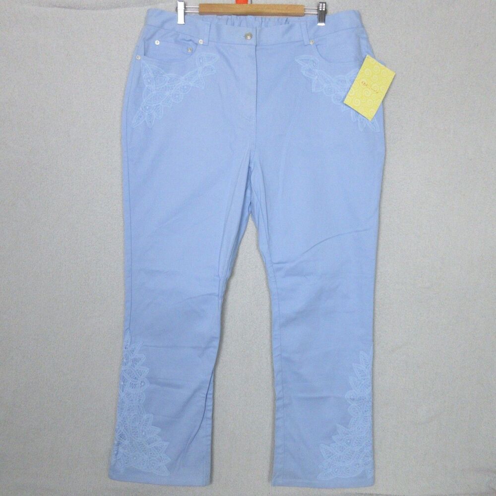 DENIM & CO Embroidered Pants Twill Light Blue Women's Size XL NEW